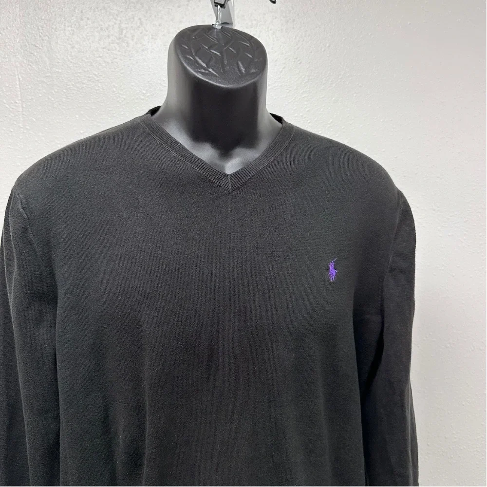 Polo Ralph Lauren Pima Cotton‎ V-Neck Sweater Purple Logo Black L